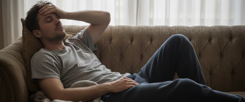 man laying on couch with a blank stare