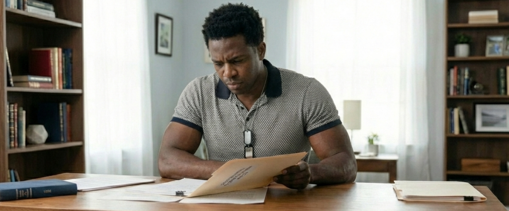 man wearing dog tags looking concerned while reading therapy files